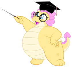 Size: 1280x1215 | Tagged: safe, artist:aleximusprime, oc, oc only, oc:buttercream, oc:buttercream the dragon, dragon, flurry heart's story, belly, big belly, chubby, cute, dragoness, fat, female, glasses, graduation cap, hand on hip, hat, heart shaped, pointer, round glasses, simple background, solo, teacher, transparent background