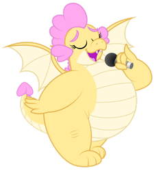 Size: 1280x1425 | Tagged: safe, artist:aleximusprime, oc, oc only, oc:buttercream, oc:buttercream the dragon, dragon, flurry heart's story, belly, big belly, chubby, dragon oc, dragoness, eyes closed, fat, female, microphone, non-pony oc, simple background, singing, spread wings, transparent background, wings