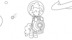 Size: 1920x1080 | Tagged: safe, artist:spritepony, pinkie pie, earth pony, pony, g4, atg 2022, drifting, helmet, lineart, newbie artist training grounds, portal (valve), portal 2, sketch, solo, space, space core, spacesuit