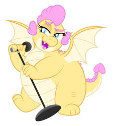 Size: 1280x1425 | Tagged: safe, artist:aleximusprime, oc, oc only, oc:buttercream, oc:buttercream the dragon, dragon, flurry heart's story, adorafatty, bedroom eyes, belly, big belly, chubby, cute, dragon oc, dragoness, fangs, fat, female, flirting, heart shaped, microphone, microphone stand, non-pony oc, simple background, singing, solo, spread wings, transparent background, wings
