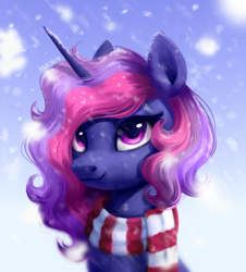 Size: 876x968 | Tagged: safe, artist:fantein, oc, oc only, pony, unicorn, clothes, horn, scarf, snow, snowfall, solo, striped scarf, unicorn oc