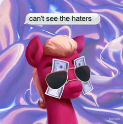 Size: 948x951 | Tagged: safe, artist:fantein, sprout cloverleaf, earth pony, pony, g5, bust, can't see the haters, dollars, male, money, solo, stallion, sunglasses