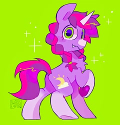 Size: 1966x2048 | Tagged: safe, artist:swirlseypop, oc, oc only, oc:bloom moonbeam, pony, unicorn, braid, butt, chest fluff, coat markings, fangs, looking at you, looking back, looking back at you, plot, socks (coat markings), solo, sparkles