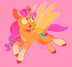 Size: 2048x1904 | Tagged: safe, artist:swirlseypop, sunny starscout, alicorn, earth pony, pony, g5, artificial horn, artificial wings, augmented, female, horn, looking back, magic, magic horn, magic wings, mane stripe sunny, mare, race swap, smiling, solo, sunnycorn, wings