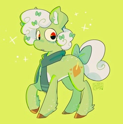 Size: 2035x2048 | Tagged: safe, artist:swirlseypop, oc, oc only, earth pony, pony, body freckles, bow, clothes, ear fluff, freckles, green background, hair bow, high res, looking at you, raised hoof, scarf, simple background, solo, sparkles, tail, tail bow
