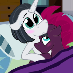 Size: 4096x4096 | Tagged: safe, artist:decokenite, artist:katnekobase, chancellor neighsay, fizzlepop berrytwist, tempest shadow, pony, unicorn, g4, base used, bed, bedroom eyes, bedroom ponies, bedtime, blanket, blushing, duo, female, hug, hugging a pony, looking at something, male, pillow, shipping, stallion, straight, sweat, tempest neighsay