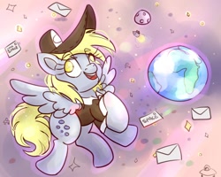 Size: 2000x1600 | Tagged: safe, artist:nedemai, derpy hooves, pegasus, pony, g4, atg 2022, female, mare, newbie artist training grounds, no pupils, open mouth, open smile, smiling, solo, space, zero gravity