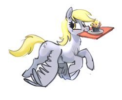 Size: 1739x1429 | Tagged: safe, artist:alumx, derpy hooves, pegasus, pony, g4, cafeteria tray, cute, derpabetes, female, flapping, flying, food, mare, mouth hold, muffin, simple background, smiling, solo, spread wings, that pony sure does love muffins, transparent background, tray, wings