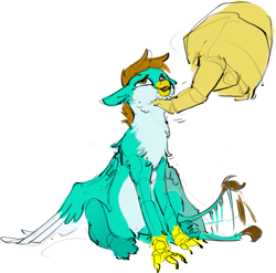 Size: 3351x3317 | Tagged: safe, artist:alumx, oc, oc only, oc:pure gold, griffon, chest fluff, chin scratch, disembodied hand, griffon oc, hand, high res, macro/micro, micro, simple background, sitting, tail, tail wag, transparent background
