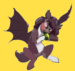 Size: 2735x2584 | Tagged: safe, artist:alumx, oc, oc only, oc:bramble patch, bat pony, pony, bat pony oc, biting, coat markings, food, high res, jar, pickle, pickle jar, red face, simple background, sitting, solo, spread wings, wings, yellow background