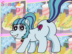 Size: 1024x772 | Tagged: safe, artist:puffydearlysmith, sonata dusk, earth pony, pony, equestria girls, g4, my little pony equestria girls: rainbow rocks, butt, equestria girls ponified, female, food, gem, looking at you, mare, plot, ponified, ponytail, siren gem, smiling, sonata donk, sonataco, taco, that girl sure loves tacos, that pony sure does love tacos, that siren sure does love tacos