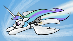 Size: 1920x1080 | Tagged: safe, artist:purblehoers, princess celestia, alicorn, pony, g4, determined, fast, flying, horn, jetpack, long horn, shockwave, sky, solo, sonic boom, sound barrier, spread wings, windswept mane, wings