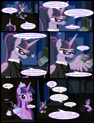 Size: 1042x1358 | Tagged: safe, artist:dendoctor, mean twilight sparkle, twilight sparkle, alicorn, pony, comic:clone.., g4, the last problem, alternate universe, clone, clothes, comic, computer, crying, detonator, female, glasses, gun, laptop computer, older, older twilight, older twilight sparkle (alicorn), princess twilight 2.0, self paradox, self ponidox, twilight sparkle (alicorn), weapon, wing hands, wings