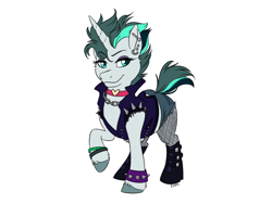 Size: 1600x1200 | Tagged: safe, artist:floots, oc, oc only, oc:aquaria lance, pony, unicorn, bracelet, chains, clothes, collar, fishnet stockings, jacket, jewelry, leather jacket, necklace, piercing, punk, simple background, solo, spikes, white background