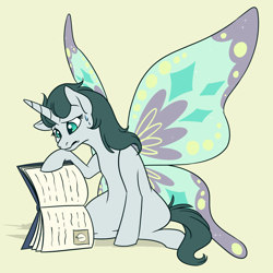Size: 1200x1200 | Tagged: safe, artist:floots, oc, oc only, oc:aquaria lance, pony, unicorn, book, butterfly wings, confused, frown, horn, kneeling, shadow, simple background, solo, spellbook, sweat, unicorn oc, wings, yellow background