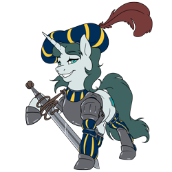 Size: 3000x3000 | Tagged: safe, artist:floots, oc, oc only, oc:aquaria lance, pony, unicorn, armor, clothes, costume, hat, high res, simple background, solo, sword, transparent background, weapon