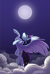 Size: 2074x3080 | Tagged: safe, artist:alrumoon_art, oc, oc only, oc:rosalina skies, pegasus, pony, beautiful, butt freckles, choker, cloud, cloudy, commission, ear piercing, flying, freckles, high res, moon, moonlight, night, night sky, offspring, parent:coloratura, pegasus oc, piercing, purple eyes, purple sky, scenery, sky, solo, spread wings, wings, ych result