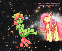 Size: 2447x2048 | Tagged: safe, artist:phutashi, fluttershy, tree hugger, earth pony, pegasus, pony, g4, atg 2022, dialogue, duo, high, high res, implied drug use, implied marijuana, newbie artist training grounds, space, zero gravity