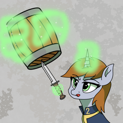 Size: 2000x2000 | Tagged: safe, artist:artevi, oc, oc:littlepip, pony, unicorn, fallout equestria, atg 2022, barrel, hand, high res, knife, levitation, literal, magic, magic hands, newbie artist training grounds, pun, solo, telekinesis, tongue out, visual pun