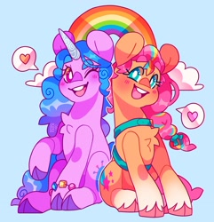 Size: 2798x2899 | Tagged: safe, artist:cocopudu, izzy moonbow, sunny starscout, earth pony, pony, unicorn, g5, blue background, chest fluff, cute, duo, female, high res, izzybetes, mare, one eye closed, open mouth, open smile, pictogram, rainbow, simple background, smiling, sunnybetes, unshorn fetlocks, wink