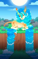 Size: 520x800 | Tagged: safe, artist:lastnight-light, oc, oc only, oc:starfruit surf, kirin, eyes closed, female, lying down, prone, solo, sun, water, water kirin, water mane, water tail, waterfall