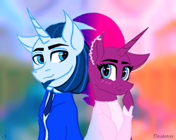 Size: 999x800 | Tagged: safe, artist:decokenite, artist:misskitkat2002, chancellor neighsay, fizzlepop berrytwist, tempest shadow, pony, unicorn, g4, big ears, clothes, coat, duo, duo male and female, ear piercing, earring, female, floppy ears, heart, hong cha-young, hoof over mouth, jacket, jewelry, lawyer, looking at something, looking at you, mafia, male, mare, necktie, park joo-hyeong, piercing, shipping, signature, smiling, smiling at you, stallion, straight, suit, tempest neighsay, tuxedo, vincenzo, vincenzo cassano