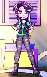 Size: 1058x1731 | Tagged: safe, artist:dsana, starlight glimmer, human, equestria girls, g4, beanie, breasts, busty starlight glimmer, clothes, hat, looking at you, smiling, solo, watch