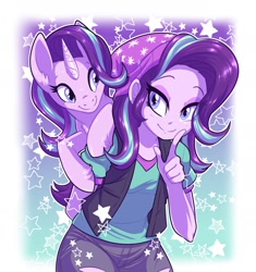 Size: 1709x1818 | Tagged: safe, artist:fizzy-dog, starlight glimmer, human, pony, unicorn, equestria girls, g4, beanie, clothes, cute, duo, glimmerbetes, hat, human ponidox, lidded eyes, looking at someone, looking at you, self paradox, self ponidox, smiling, stars
