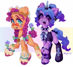 Size: 2048x1882 | Tagged: safe, artist:p0nyplanet, izzy moonbow, sunny starscout, earth pony, pony, unicorn, g5, alternate hairstyle, bow, bracelet, choker, clothes, ear piercing, earring, eyes closed, fangs, flower, flower in hair, goth, goth izzy, happy, headband, hippie, jewelry, piercing, shirt, smiling, spiked choker, stockings, sunglasses, thigh highs