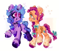 Size: 2048x1762 | Tagged: safe, artist:p0nyplanet, izzy moonbow, sunny starscout, earth pony, pony, unicorn, g5, backwards cutie mark, bow, bowtie, bracelet, choker, clothes, cottagecore, duo, ear piercing, earring, eyes closed, fangs, flower, flower in hair, goth, goth izzy, happy, heart, jewelry, piercing, shirt, smiling, socks, sparkles, spiked choker, stockings, tail, tail bow, thigh highs