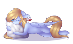 Size: 1993x1198 | Tagged: safe, artist:prettyshinegp, oc, oc only, pegasus, pony, eye clipping through hair, female, hug, mare, pegasus oc, pillow, pillow hug, simple background, solo, white background, wings