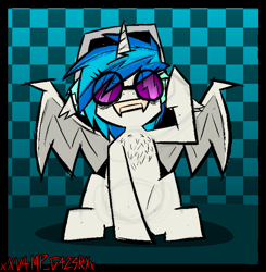 Size: 1360x1386 | Tagged: safe, artist:xxv4mp_g4z3rxx, dj pon-3, vinyl scratch, bat pony, bat pony unicorn, hybrid, pony, unicorn, g4, bags under eyes, bat ponified, bat wings, blue background, checkered background, chest fluff, fangs, female, front view, headphones, horn, looking up, mare, race swap, signature, simple background, sitting, smiling, solo, spread wings, two toned mane, vinyl the vampire, vinyl's glasses, white coat, wings