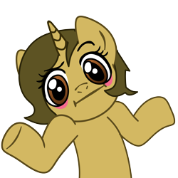 Size: 4475x4475 | Tagged: safe, anonymous editor, artist:nano23823, edit, oc, oc only, oc:sagiri himoto, pony, unicorn, :t, :|, base used, blushing, brown coat, brown eyes, brown mane, ears up, funny, green mane, horn, looking at you, meme, raised eyebrow, shrug, shrugpony, simple background, solo, transparent background