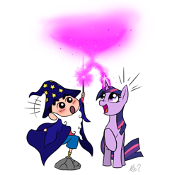 Size: 1080x1065 | Tagged: safe, artist:questionmarkdragon, twilight sparkle, human, pony, unicorn, g4, 2021, anime, crayon shin-chan, crossover, duo, female, glowing, glowing horn, hat, horn, looking back, male, mare, old art, shinchan, signature, simple background, smiling, unicorn twilight, white background, wizard, wizard hat