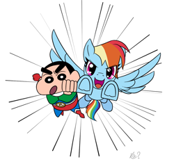 Size: 1112x1037 | Tagged: safe, artist:questionmarkdragon, rainbow dash, human, pegasus, pony, g4, 2021, :d, anime, clothes, crayon shin-chan, crossover, duo, eyelashes, female, flying, mare, old art, open mouth, open smile, shinchan, signature, simple background, smiling, underhoof, white background