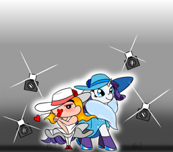 Size: 1142x999 | Tagged: safe, artist:questionmarkdragon, rarity, human, pony, unicorn, g4, 2021, anime, camera, clothes, crayon shin-chan, crossover, dress, duo, female, gradient background, hat, hoof shoes, mare, old art, shinchan, smiling, sun hat