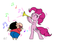 Size: 1097x850 | Tagged: safe, artist:questionmarkdragon, pinkie pie, earth pony, human, pony, g4, 2021, anime, ass, bipedal, butt, clothes, crayon shin-chan, crossover, dancing, duo, eyelashes, female, mare, music notes, old art, shinchan, signature, simple background, white background