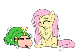 Size: 1163x808 | Tagged: safe, artist:questionmarkdragon, fluttershy, caterpillar, human, pegasus, pony, g4, 2021, anime, clothes, costume, crayon shin-chan, crossover, cute, daaaaaaaaaaaw, duo, female, laughing, mare, old art, shinchan, shinnosuke nohara, shyabetes, signature, simple background, white background, wingless