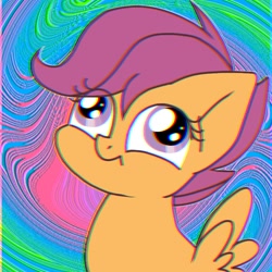 Size: 768x768 | Tagged: safe, artist:namaenonaipony, scootaloo, pegasus, pony, g4, abstract background, bust, cross-eyed, derp, eye clipping through hair, female, filly, foal, solo, wings