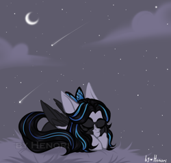 Size: 2000x1900 | Tagged: safe, artist:henori_artist, oc, oc only, pegasus, pony, crescent moon, eyes closed, female, mare, moon, outdoors, pegasus oc, shooting star, sleeping, wings