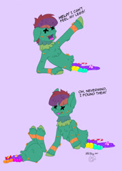 Size: 919x1280 | Tagged: safe, artist:zackwhitefang, oc, oc only, oc:deadmeat, piñata pony, 2 panel comic, candy, candy gore, comic, commission, dialogue, digital art, food, gore, grimderp, open mouth, piñata, simple background, solo, tail, talking, text, x eyes