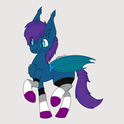 Size: 1280x1280 | Tagged: safe, artist:zackwhitefang, oc, oc only, oc:stardust(cosmiceclipse), bat pony, pony, asexual pride flag, bat pony oc, bat wings, chest fluff, clothes, commission, concave belly, cute, cute little fangs, digital art, fangs, pride, pride flag, pride socks, raised hoof, raised leg, simple background, socks, solo, stockings, striped socks, tail, thigh highs, walk cycle, walking, wings