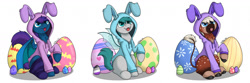 Size: 1280x427 | Tagged: safe, artist:zackwhitefang, oc, oc only, oc:stardust(cosmiceclipse), bat pony, changeling, pony, :p, bat pony oc, bat wings, changeling oc, clothes, commission, costume, cute, digital art, easter, easter egg, female, holiday, looking at you, mare, simple background, sitting, tail, tongue out, trio, white background, wings