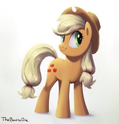 Size: 1416x1470 | Tagged: safe, artist:thebowtieone, applejack, earth pony, pony, g4, cute, female, full body, hooves, jackabetes, mare, shading, signature, simple background, smiling, solo, standing, tail, white background