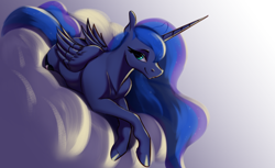 Size: 3414x2093 | Tagged: safe, artist:aquaticvibes, princess luna, alicorn, pony, cloud, female, lidded eyes, looking at you, lying down, lying on a cloud, mare, missing accessory, on a cloud, smiling, smiling at you, solo