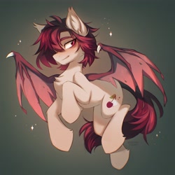 Size: 3220x3220 | Tagged: safe, artist:kirionek, oc, oc only, oc:crimm harmony, bat pony, pony, bat pony oc, chest fluff, commission, fangs, flying, gradient background, high res, looking at you, male, sidemouth, smiling, smirk, solo, spread wings, stallion, wings