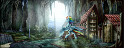 Size: 4500x1744 | Tagged: safe, artist:vendigo, rainbow dash, pegasus, pony, g4, building, cave, female, flying, mare, older, older rainbow dash, scenery, smiling, solo, spread wings, wings