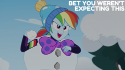 Size: 1920x1080 | Tagged: safe, edit, edited screencap, editor:quoterific, screencap, rainbow dash, human, equestria girls, equestria girls series, g4, holidays unwrapped, saving pinkie's pie, spoiler:eqg series (season 2), clothes, costume, female, open mouth, open smile, smiling, snow, snowball, snowball fight, solo, text, tree