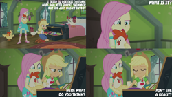 Size: 4400x2475 | Tagged: safe, edit, edited screencap, editor:quoterific, screencap, applejack, fluttershy, bird, chicken, human, costume conundrum, costume conundrum: applejack, equestria girls, equestria girls series, spoiler:eqg series (season 2), applejack's hat, belt, boots, clothes, cowboy boots, cowboy hat, cutie mark on clothes, denim, denim skirt, duo, duo female, eyes closed, female, geode of super strength, hat, jewelry, magical geodes, necklace, open mouth, sandals, shoes, skirt, smiling, text