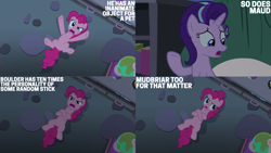 Size: 4400x2475 | Tagged: safe, edit, edited screencap, editor:quoterific, screencap, pinkie pie, starlight glimmer, earth pony, pony, unicorn, g4, season 8, the maud couple, crossed hooves, duo, female, horn, implied maud pie, mare, open mouth, text
